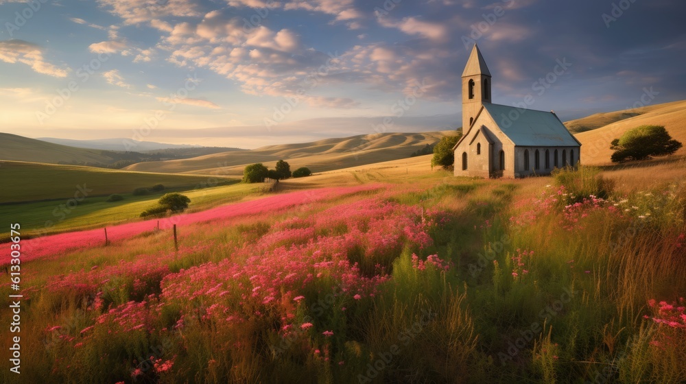 Old church nestled amidst a sea of vibrant wildflowers, with a backdrop of rolling hills and a boundless sky.