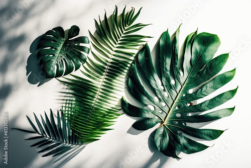 Flat lay of tropical palm leaves from above. Generative AI