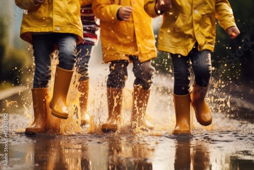 Several children wearing rain yellow boots, jumping and splashing in puddles as rain falls around them. The shot convey a strong summer vibe, be a close - up. © radekcho