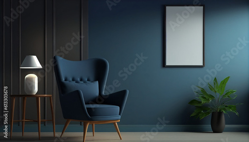 Interior of a room  Mock up of a living room decor with an armchair against an empty black wall  Generative AI