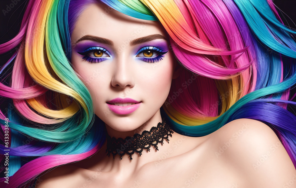 Obraz premium Fashion portrait of a beautiful woman with multi colored hair. Generative AI.