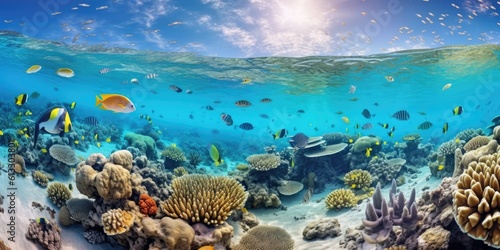 Underwater sea life coral reef panorama with many fishes and marine animals