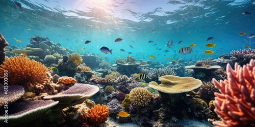 Underwater sea life coral reef panorama with many fishes and marine animals © radekcho