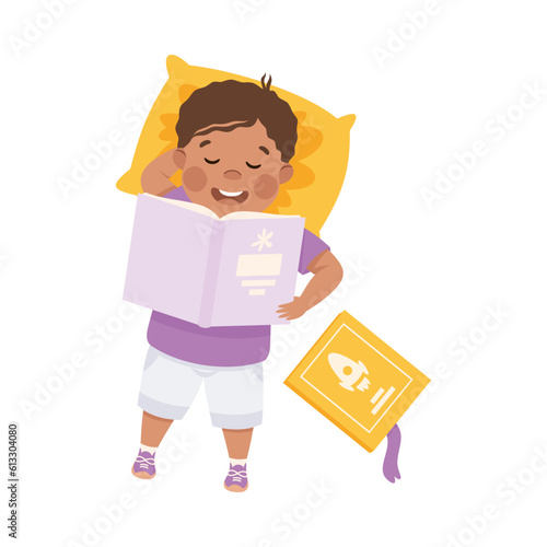 Little Boy Character Lying and Reading Book Above View Vector Illustration
