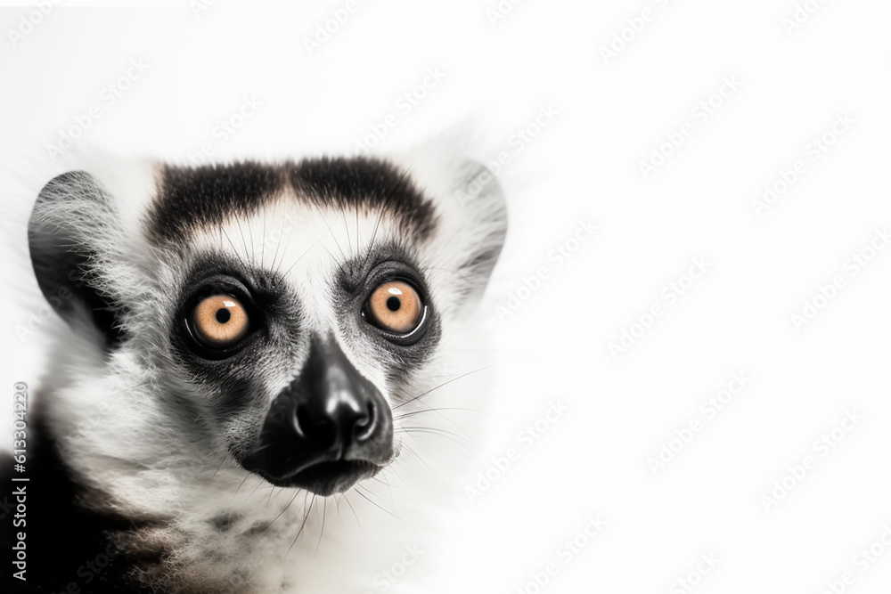 Close-up portrait of a lemur with messy hair - isolated, white background, copy space, Generative AI Close-up portrait of a lemur with messy hair - isolated, white background, copy space, Generative AI