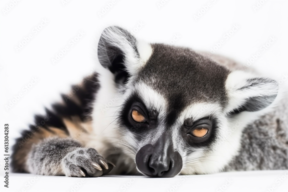 Close-up portrait of a lemur napping - isolated, white background, copy space, Generative AI Close-up portrait of a lemur napping - isolated, white background, copy space, Generative AI