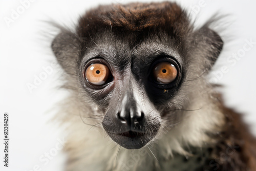 Close-up portrait of a lemur with messy hair - isolated, white background, copy space, Generative AI © Fantasy22