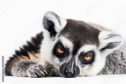 Close-up portrait of a lemur napping - isolated, white background, copy space, Generative AI