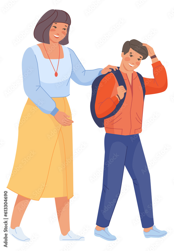 Mother walking with school boy. Happy family together Mother walking with school boy. Happy family together