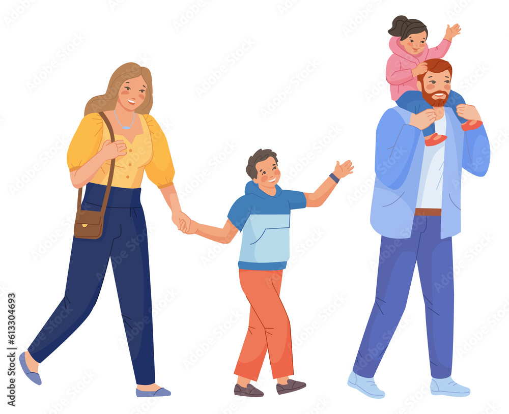 Happy family walking. Father carrying daughter. Smiling mother and son Happy family walking. Father carrying daughter. Smiling mother and son