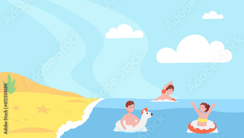 Kids swimming in beach coast water. Summer scene