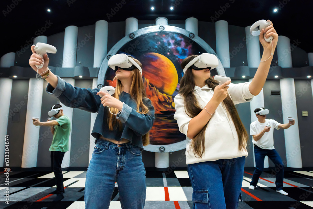 A team of friends interacting with VR