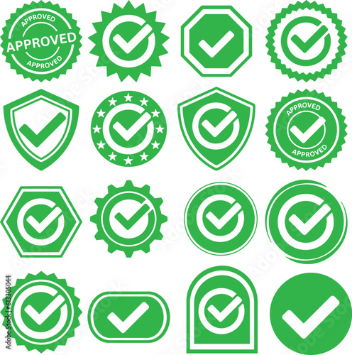 Set of approved icon, check mark icon, star sticker vector illustration isolated 