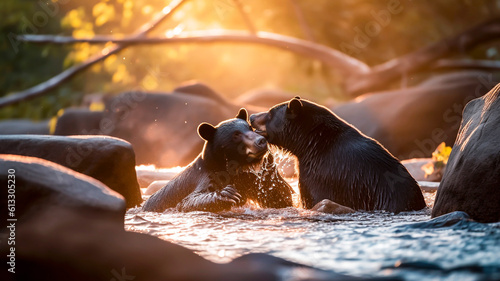 Cloupe of black bear playing in the water. Wildlife scene from nature. Generative AI.