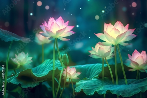 illustration, some bright lotus flowers and green background,ai generative