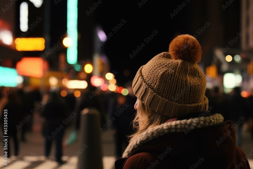 fashionable woman wearing a hat and coat on a bustling city street. Generative AI fashionable woman wearing a hat and coat on a bustling city street. Generative AI