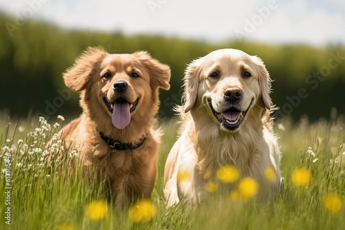 two dogs standing in a green field. Generative AI