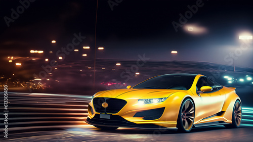 Yellow car driving at high speed at night  wallpaper and background