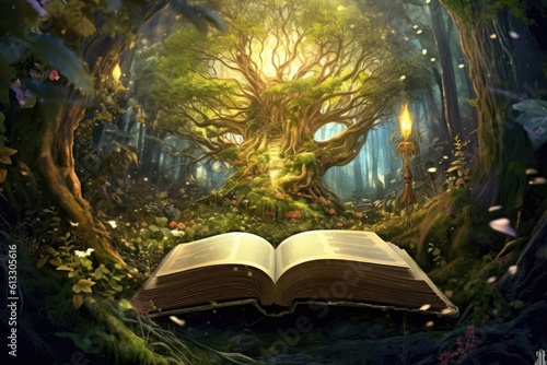 A book nestled in the enchanting forest, surrounded by lush moss and towering trees, inviting you to embark on a literary journey