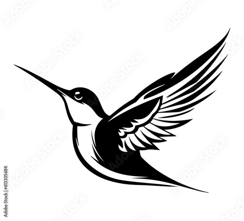 Black outline silhouette of hummingbird vector art. Bird mascot icon illustration.