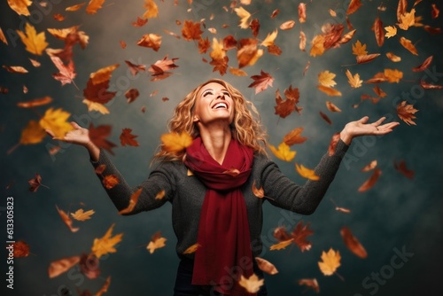 Woman in Fall Clothes Throwing Autumn Leaves in the Air 