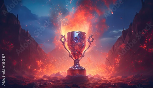 A trophy cup engulfed in flames, symbolizing the fierce determination and passion that fuels success and victory