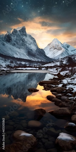 a body of water surrounded by snow covered mountains, magical glow, rocks, cinematic composition hdr, fire reflection, generative ai