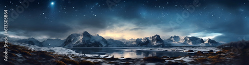 a large body of water surrounded by snow covered mountains, a matte painting, digital art, night sky, norwegian landscape, generative ai