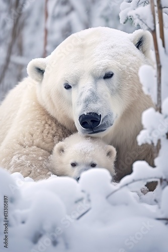 illustration, polar bear with his little one sleeping in the snow, ai generative