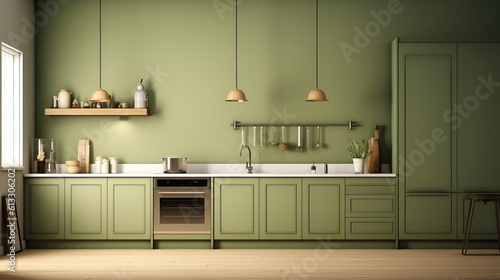 green kitchen with wooden floors  in the style of minimalist objects  realistic  dark beige  photo-realistic still life