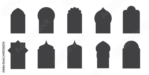 Islamic shape of door arches. Set of oriental style arabic doors and windows. Arabian shape arch. Design element for islamic design, label, banner. Ramadan kareem. Vector flat illustration