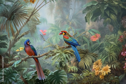 A stunning nature painting depicting wildlife birds in their natural habitat, Generative Ai © TheLogoTip