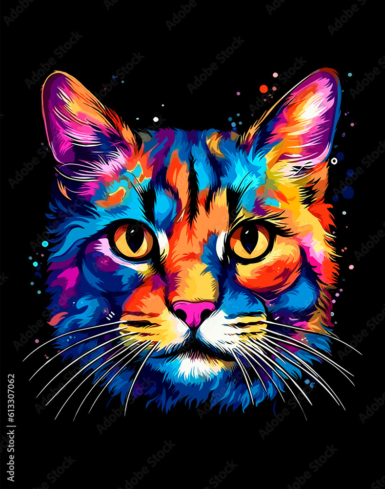 Colorful cat's portrait, cartoon abstract pop art on black