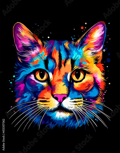 Colorful cat's portrait, cartoon abstract pop art on black © Galina