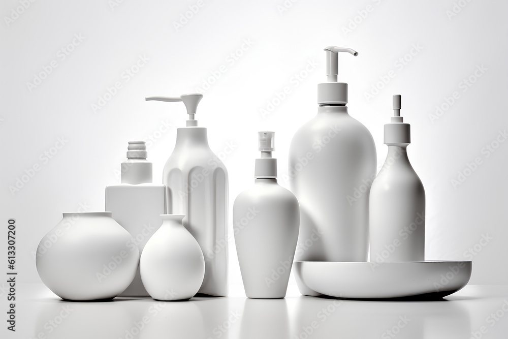 set of white containers for cosmetics, close-up shot of soap and cosmetic bottles, soap dispensers, studio close-up shot of soap dish, ai generative 