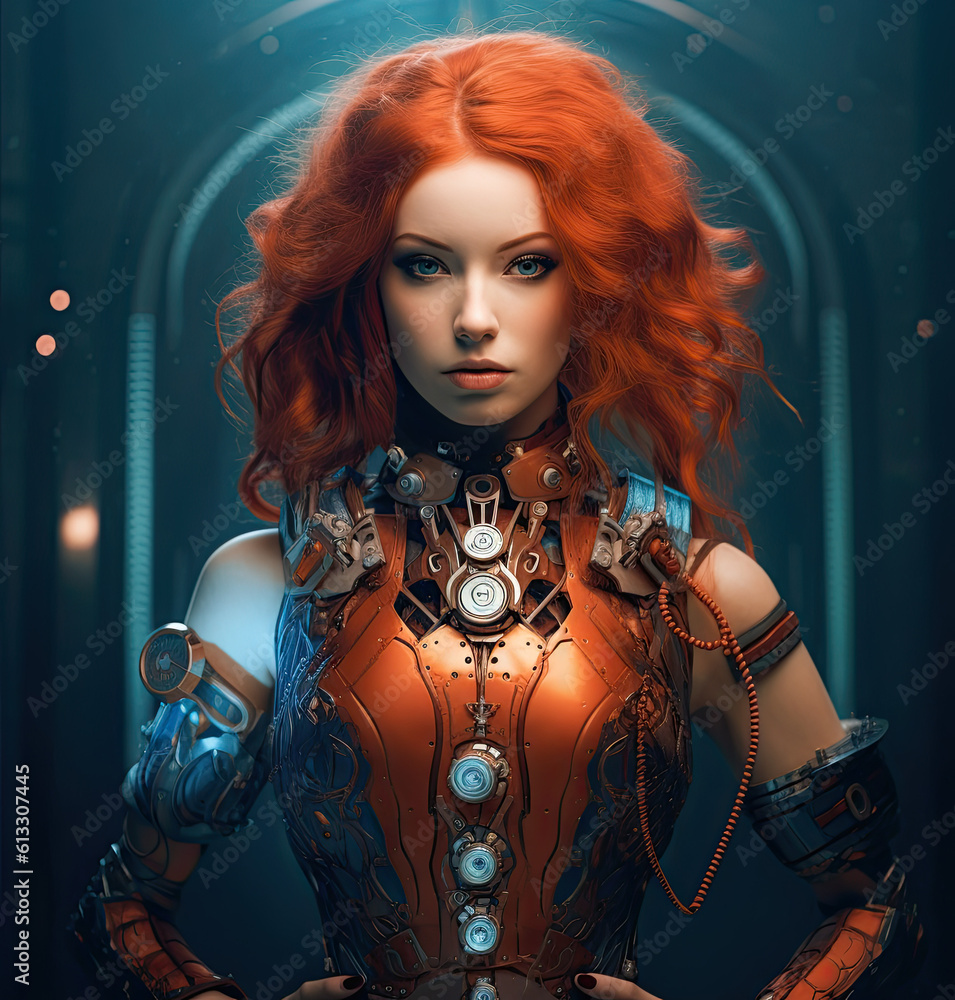 portrait of a futuristic cyborg woman. Generative AI image.