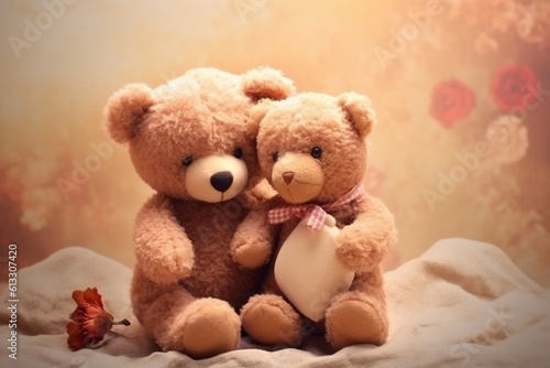 An adorable teddy bear embracing a gentle heart on a love-themed background, Generative Ai © TheLogoTip