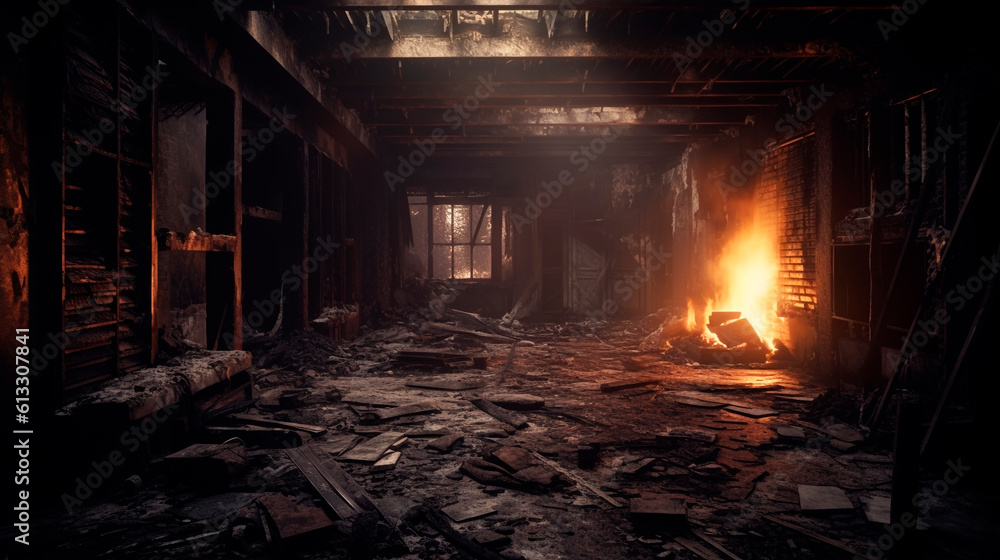 burning fire in a dark ruined building. Generative Ai. burning fire in a dark ruined building. Generative Ai.