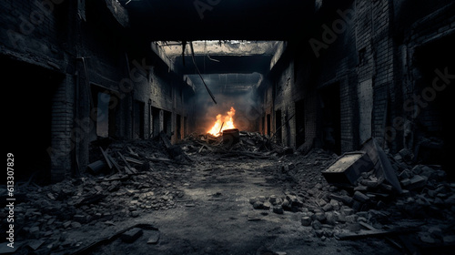 a burning fire in a long dark corridor of an abandoned factory. mystical atmosphere. Generative Ai. 
