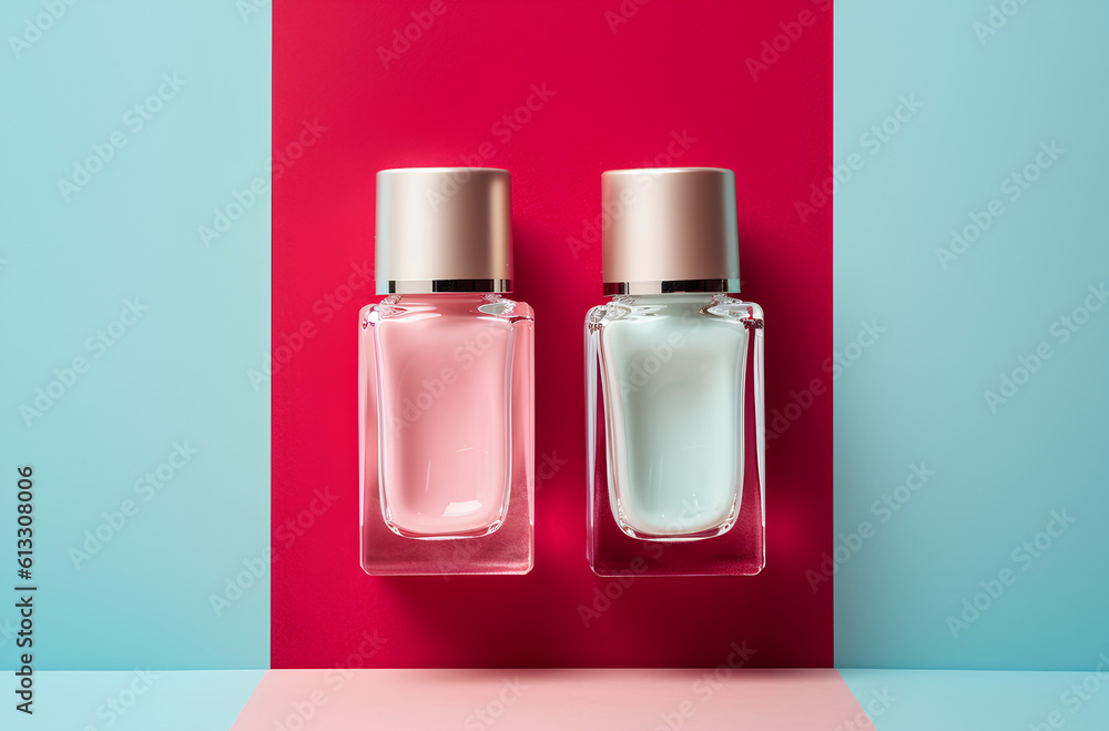 two bottles of nail polish, pink and blue nail polishes, soft colors, object studio shot, bright pink and soft blue background, ai generative two bottles of nail polish, pink and blue nail polishes, soft colors, object studio shot, bright pink and soft blue background, ai generative