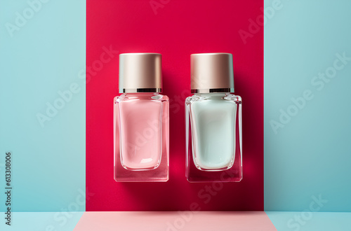 two bottles of nail polish, pink and blue nail polishes, soft colors, object studio shot, bright pink and soft blue background, ai generative 