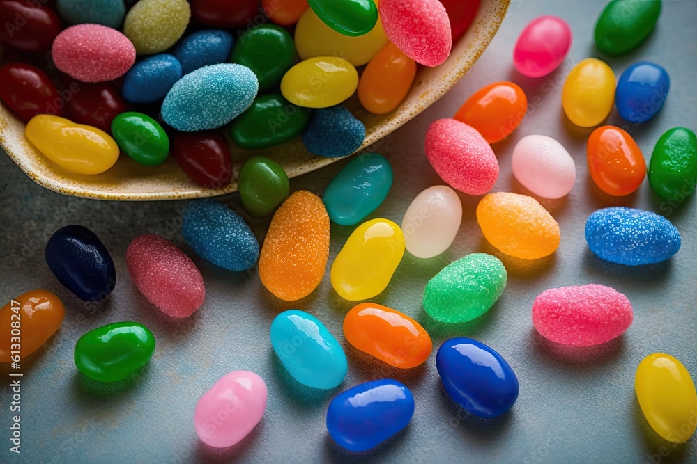 spoon and bowl filled with colorful jelly beans. Generative AI spoon and bowl filled with colorful jelly beans. Generative AI