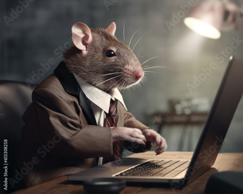 Anthropomorphic rat in business suit sitting at his desk with laptop at work in its office