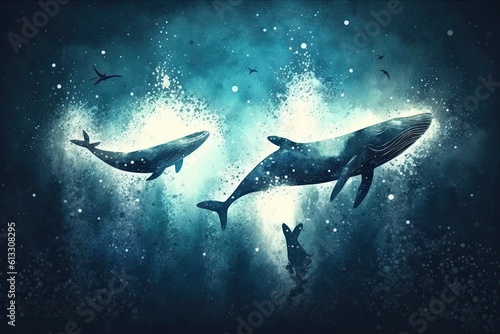 two majestic whales gracefully swimming in the vast ocean waters. Generative AI