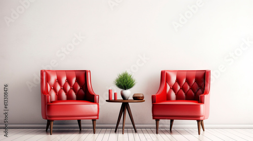 two leather red armchairs and a coffee table against a white wall. Generative Ai.  © PETR BABKIN