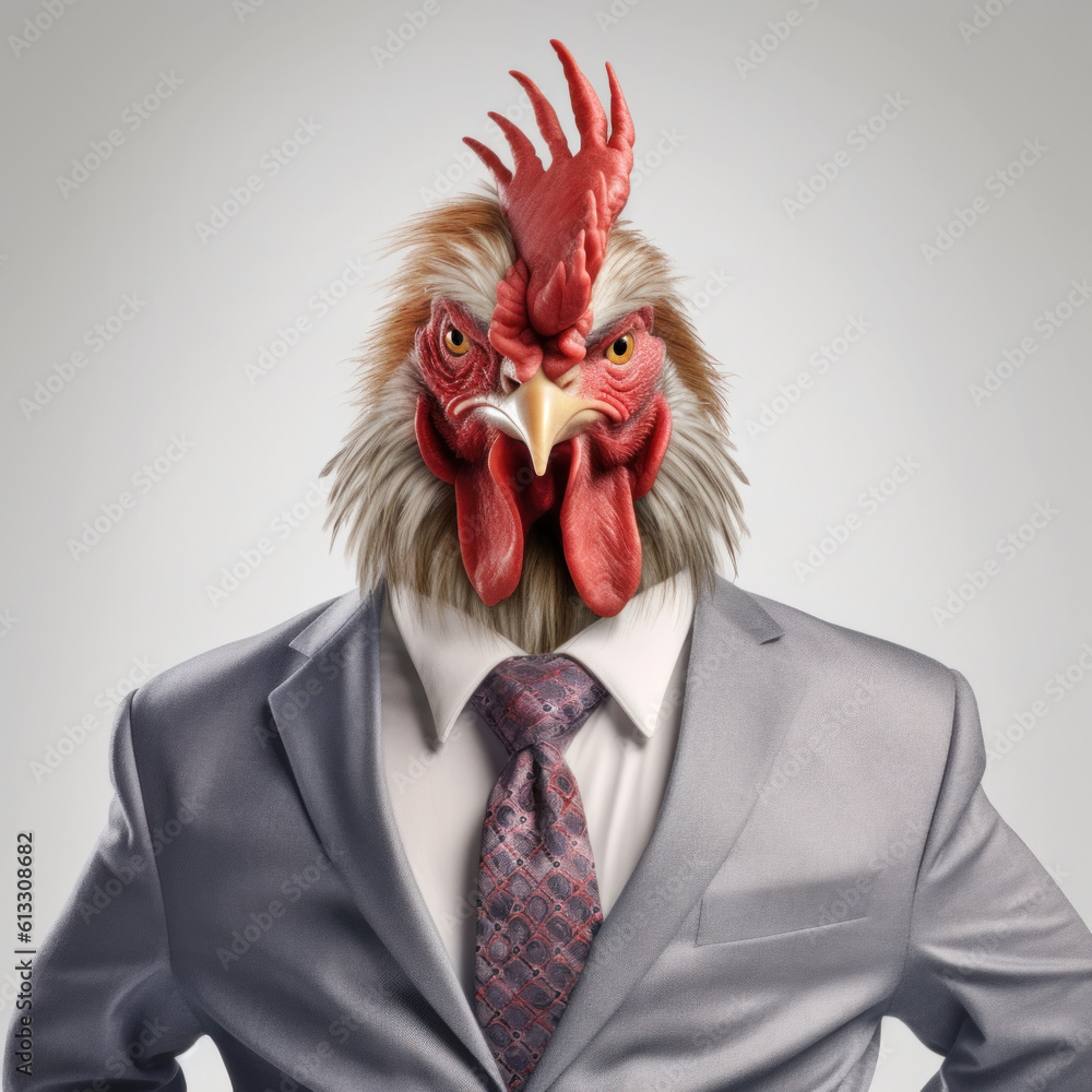 Serious rooster wearing business suit and tie, half body standing corporate portrait