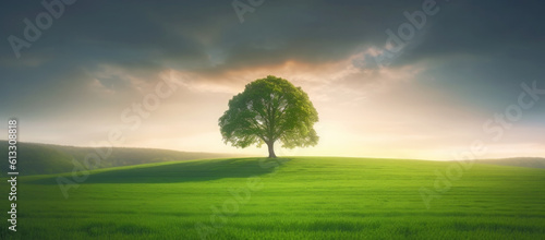 Solitary tree standing on a hilltop on beautiful sunrise, landscape panorama with vibrant green grass fields