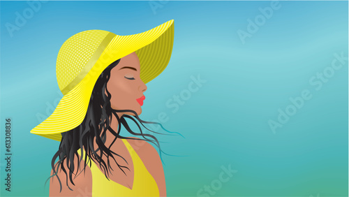 Beautiful girl, woman in profile with big yellow hat standing against blue blurred sky. Dimension 16:9. Vector illustration