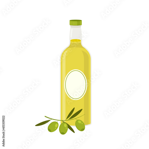 Olive oil glass bottle. Vector bottles with green olives. Design element for menu, label, packaging isolated on white backgound.