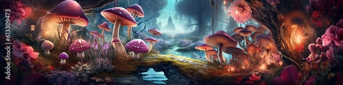 illustration, view of wonderland with mushrooms, lilies, lake and mountains with glow, website header, ai generative